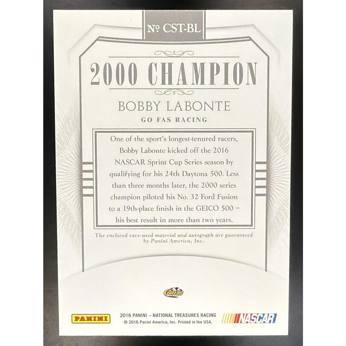 2016 National Treasures Bobby Labonte Championship Signature Threads Gold /10