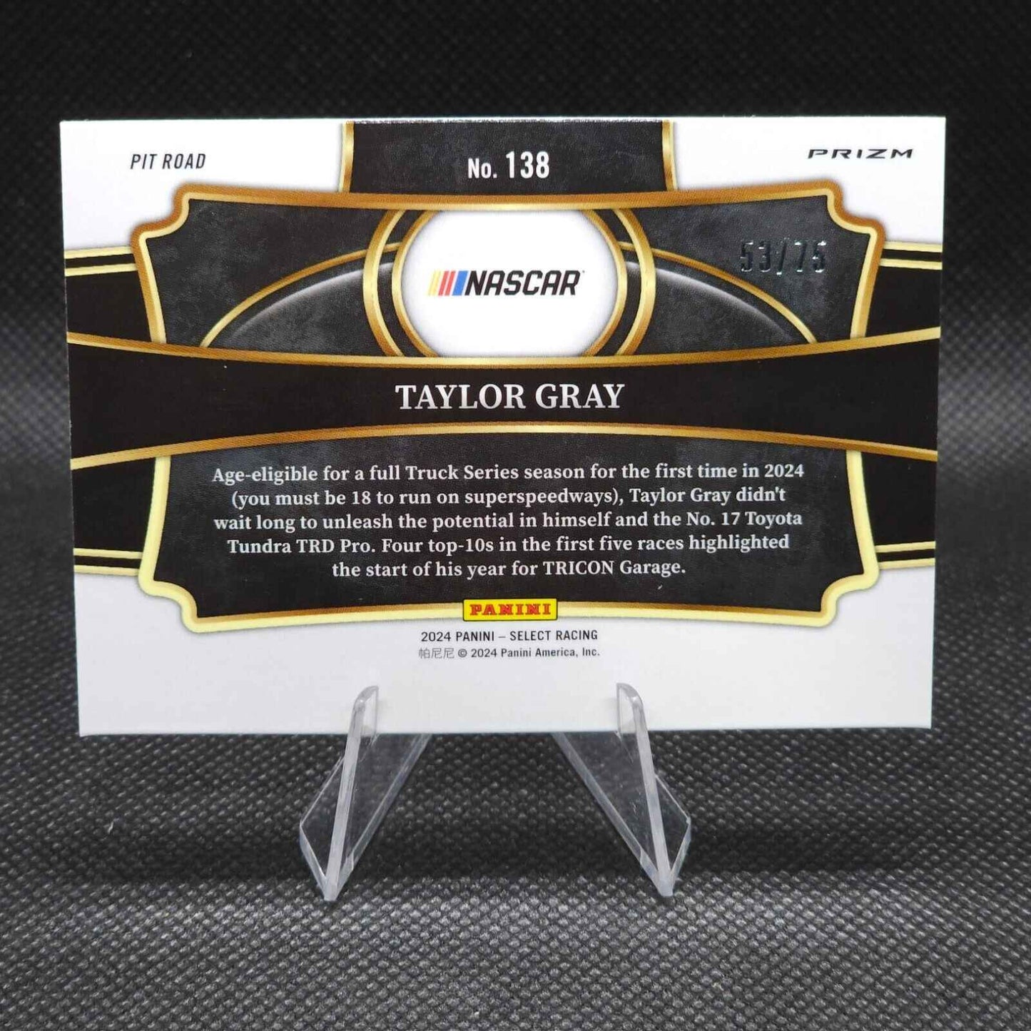 2024 Panini Select Racing Pit Road Purple Prizm #138 Taylor Gray 53/75 - NASCARD.shop