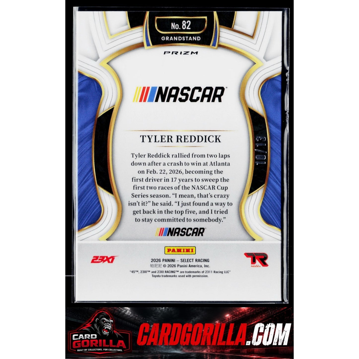 2026 Panini Select #82 Tyler Reddick Grandstand Gold Power Plaid #/13