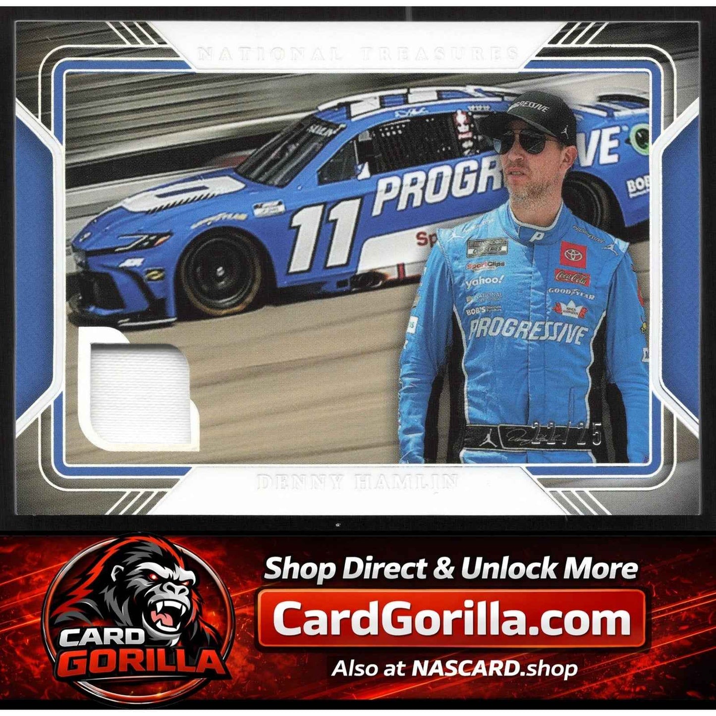 2025 Panini National Treasures #TG-DHN Denny Hamlin Track Gear Holo Silver #/25