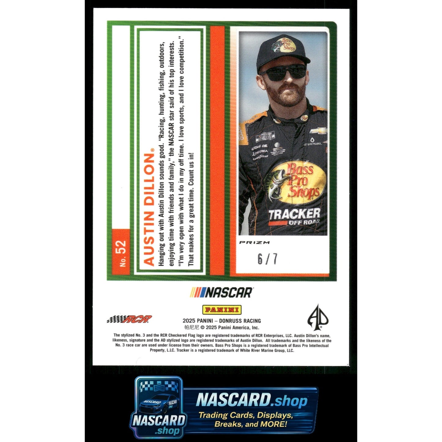 2025 Donruss #52 Austin Dillon Optic Green Swirl #/7