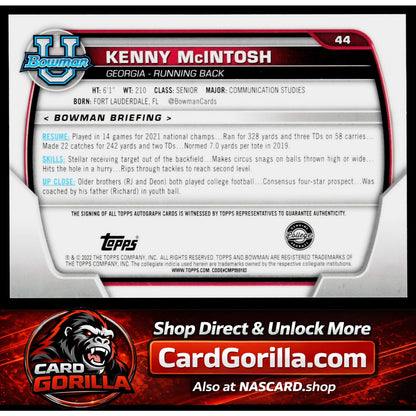 2022 Bowman University Chrome #44 Kenny McIntosh Prospect Autographs