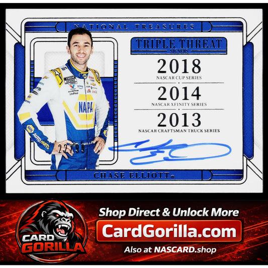 2025 Panini National Treasures #TTS-CET Chase Elliott Triple Threat Signers #/99