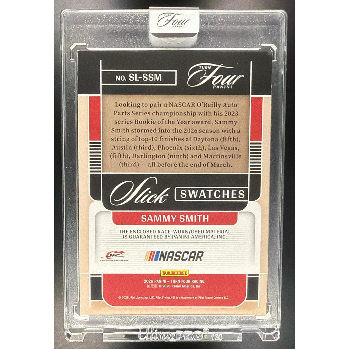 2026 Panini Turn Four Racing Sammy Smith #13 Slick Swatches Gold /10 MEM