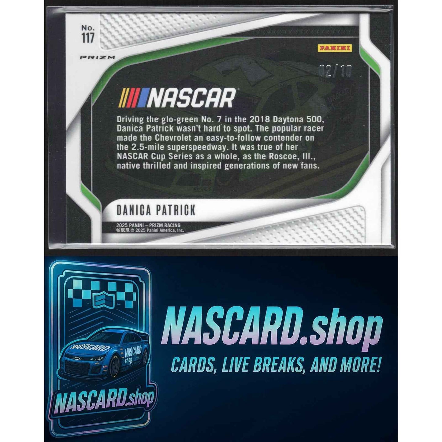2025 Panini Prizm Rides #117 Danica Patrick FOTL Blue Shimmer #/10