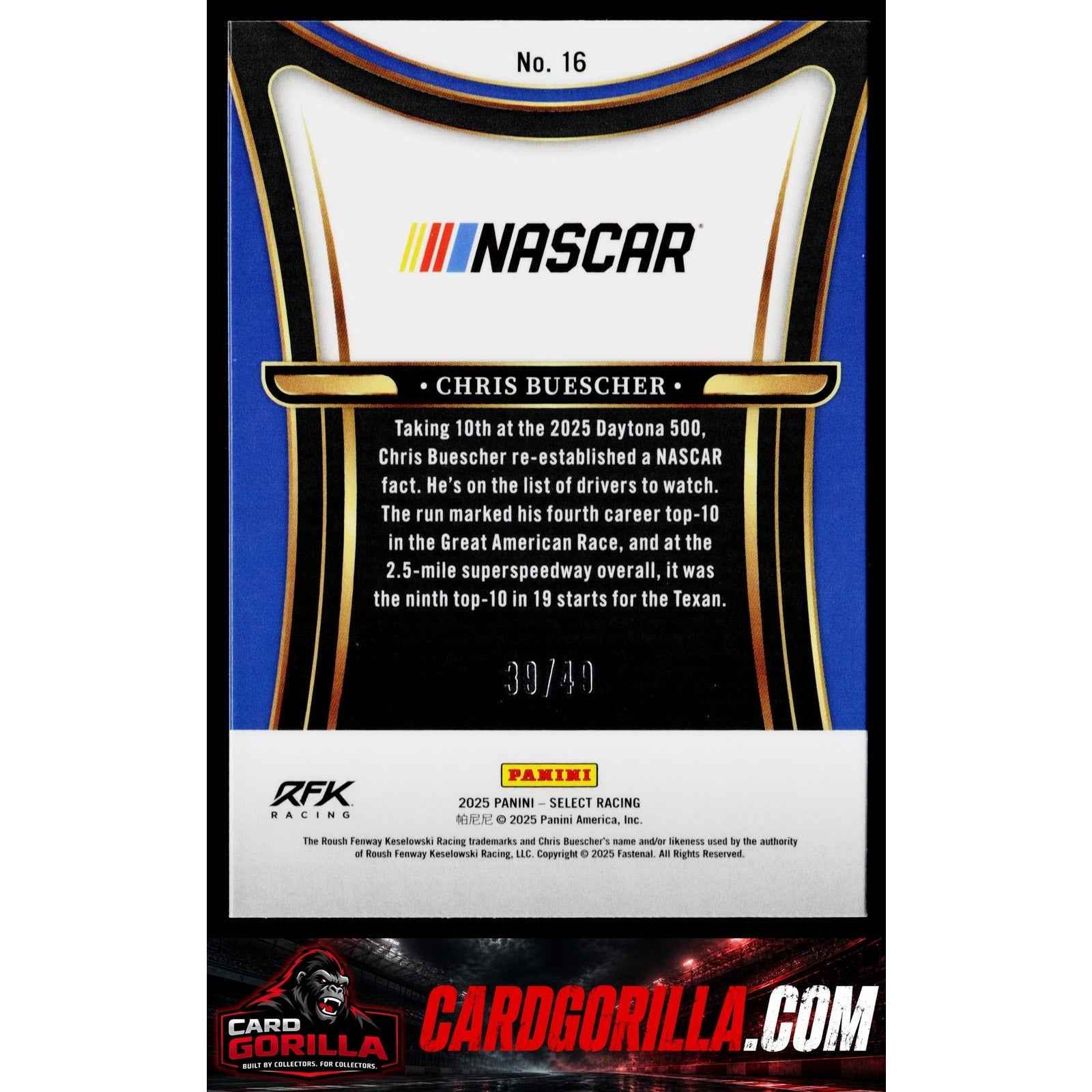 2025 Panini Select #16 Chris Buescher Sensations Blue Prizms #/49