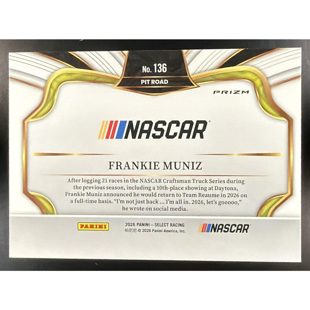 2026 Panini Select NASCAR Frankie Muniz #136 Set - Pit Road Silver Prizms