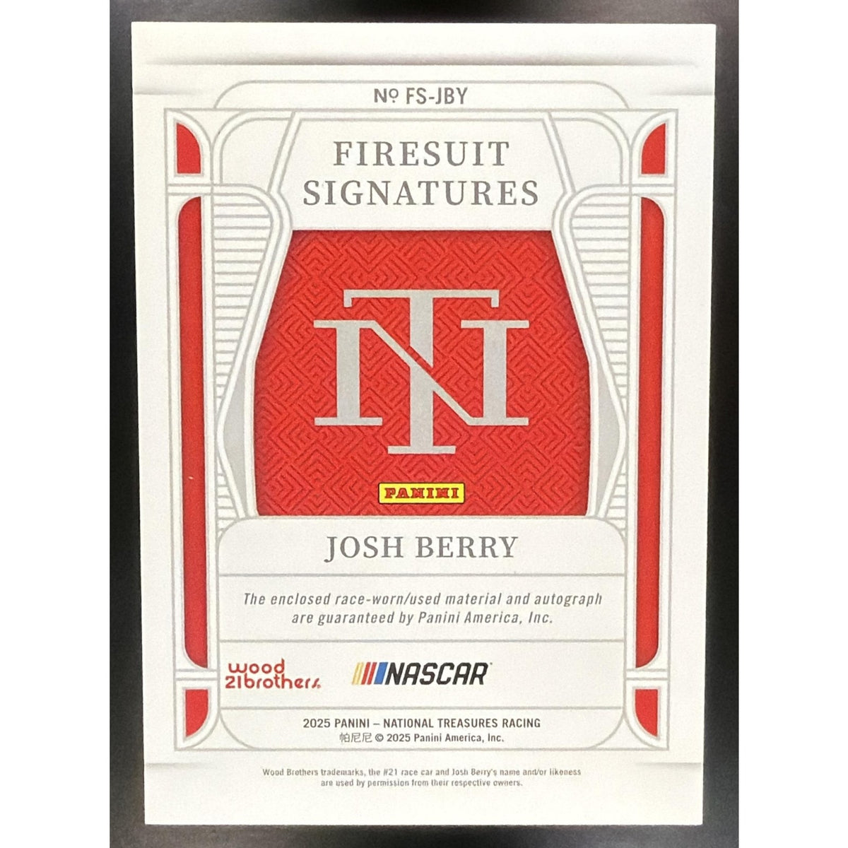 2025 Panini National Treasures Josh Berry #1 Firesuit Signatures Holo Gold /10