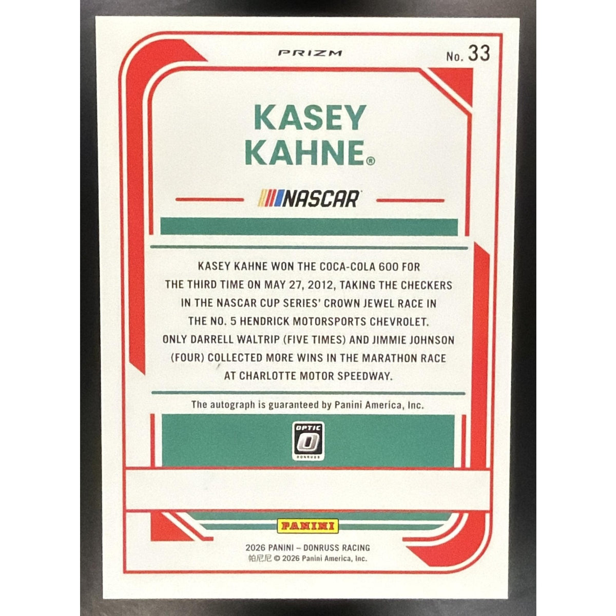 2026 Panini Donruss NASCAR Racing Kasey Kahne #33 Optic Signatures Auto