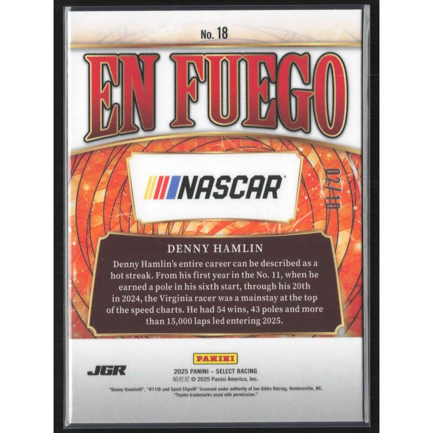 2025 Panini Select #18 Denny Hamlin En Fuego Gold Ice Prizms #/10