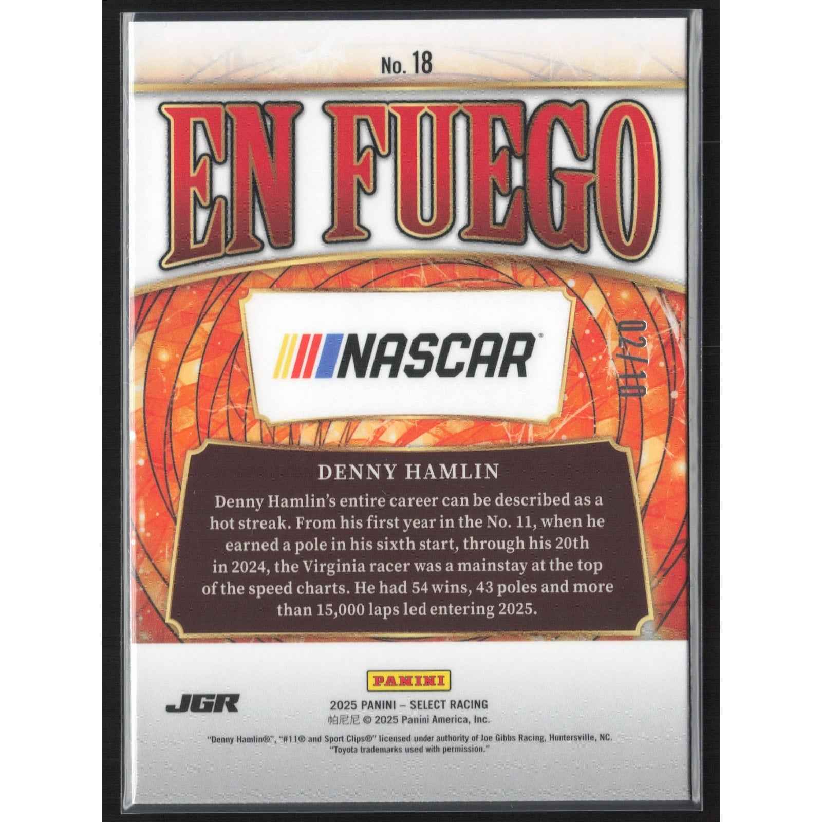 2025 Panini Select #18 Denny Hamlin En Fuego Gold Ice Prizms #/10