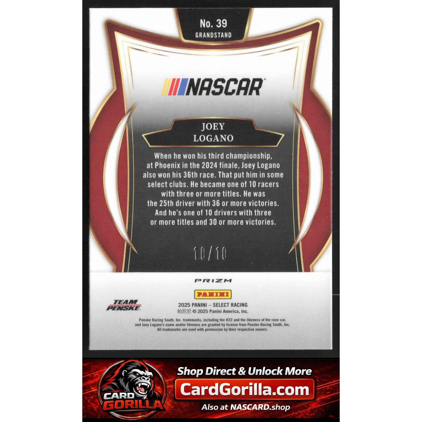 2025 Panini Select #39 Joey Logano Gold Flash Prizms #10/10