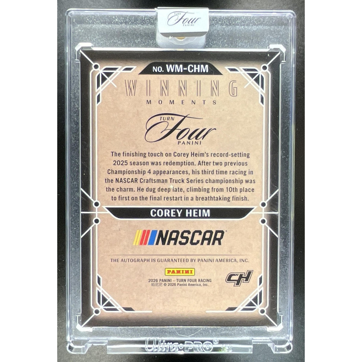 2026 Panini Turn Four Racing Corey Heim #WM-CHM Winning Moments Purple /25 Auto