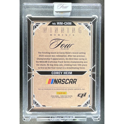 2026 Panini Turn Four Racing Corey Heim #WM-CHM Winning Moments Purple /25 Auto