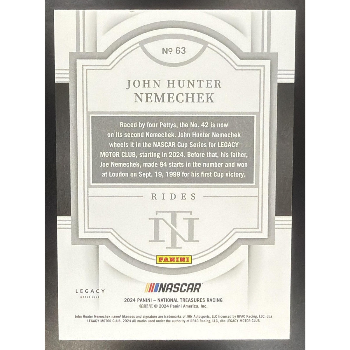 2024 Panini National Treasures John Hunter Nemechek #63 Rides 3/49