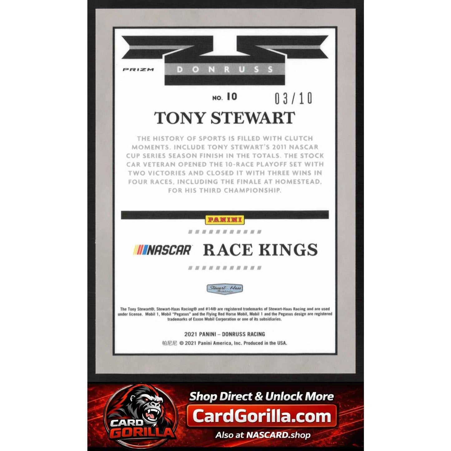 2021 Donruss #10 Tony Stewart Optic Race Kings Gold #/10