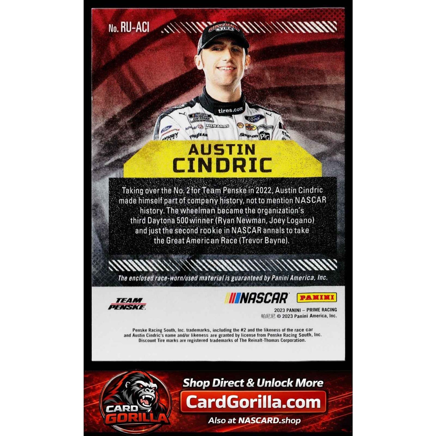 2023 Panini Prime #RU-ACI Austin Cindric Race Used Firesuits #/99