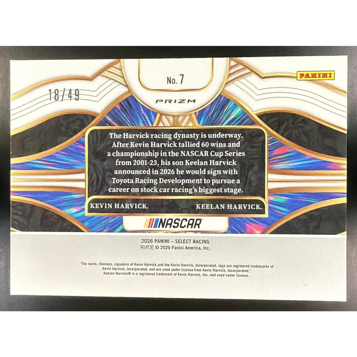 2026 Panini Select NASCAR Kevin Harvick Keelan Tandem Draft Red Ice Prizms /49