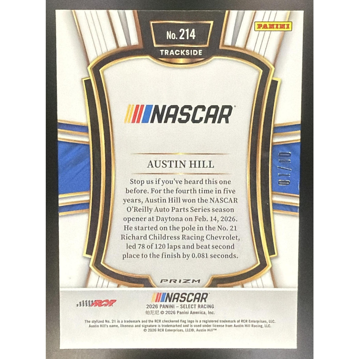 2026 Panini Select NASCAR Austin Hill #214 Set - Trackside Gold Ice Prizms 1/10