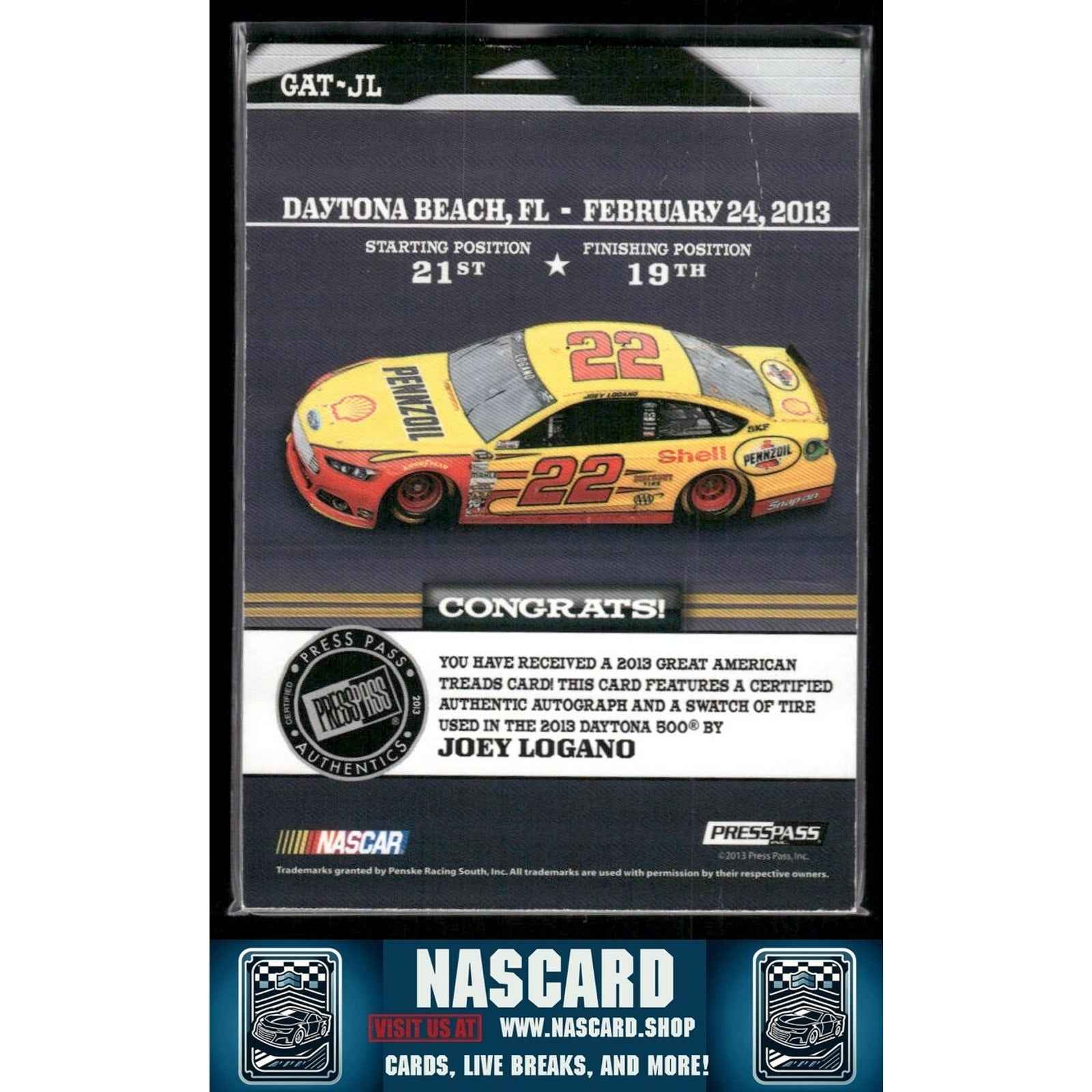 2013 Press Pass Great American Treads Ignite Red Joey Logano 1/1 - NASCARD.shop