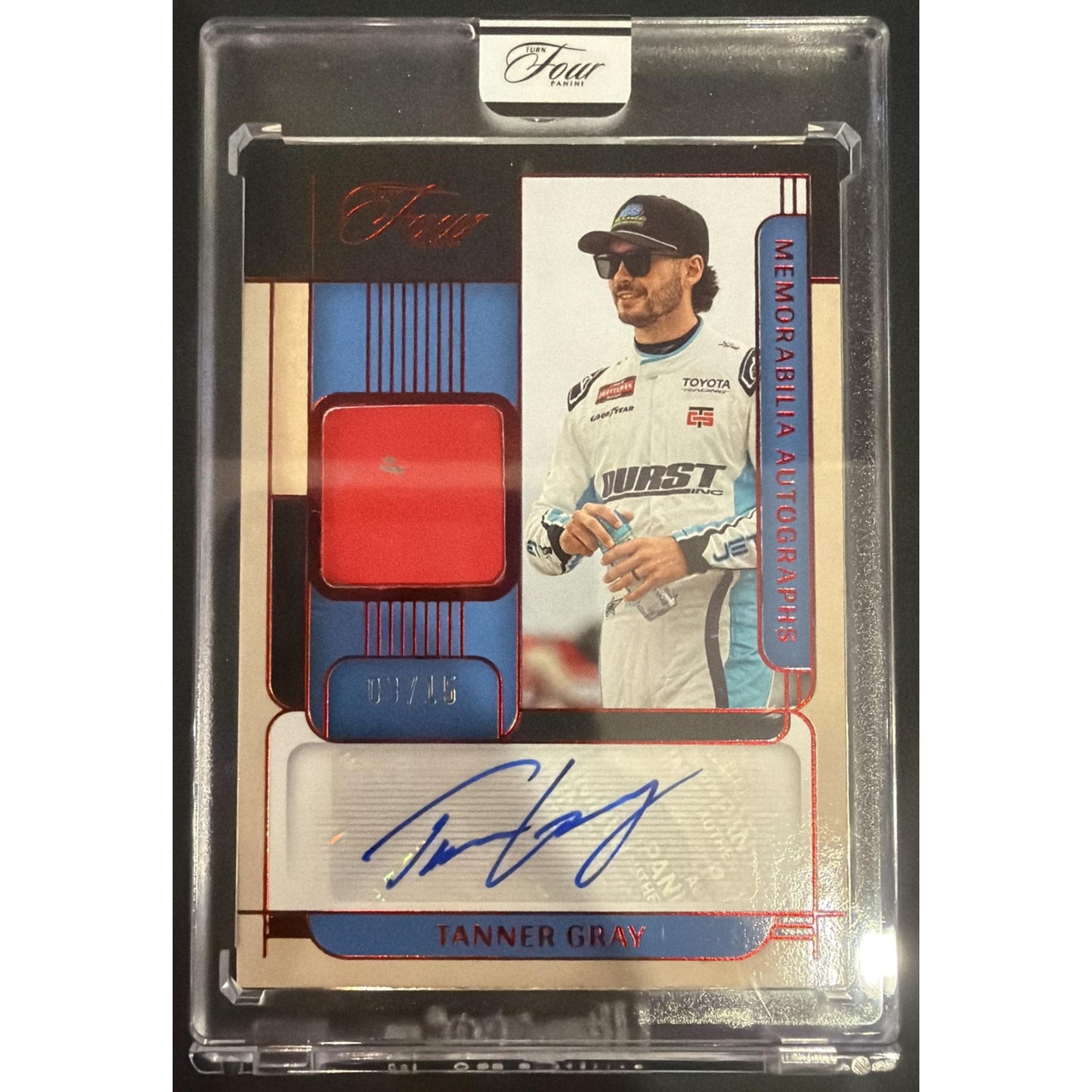 2026 Panini Turn Four Racing Tanner Gray #15 Jumbo Memorabilia Auto Red /15 MEM