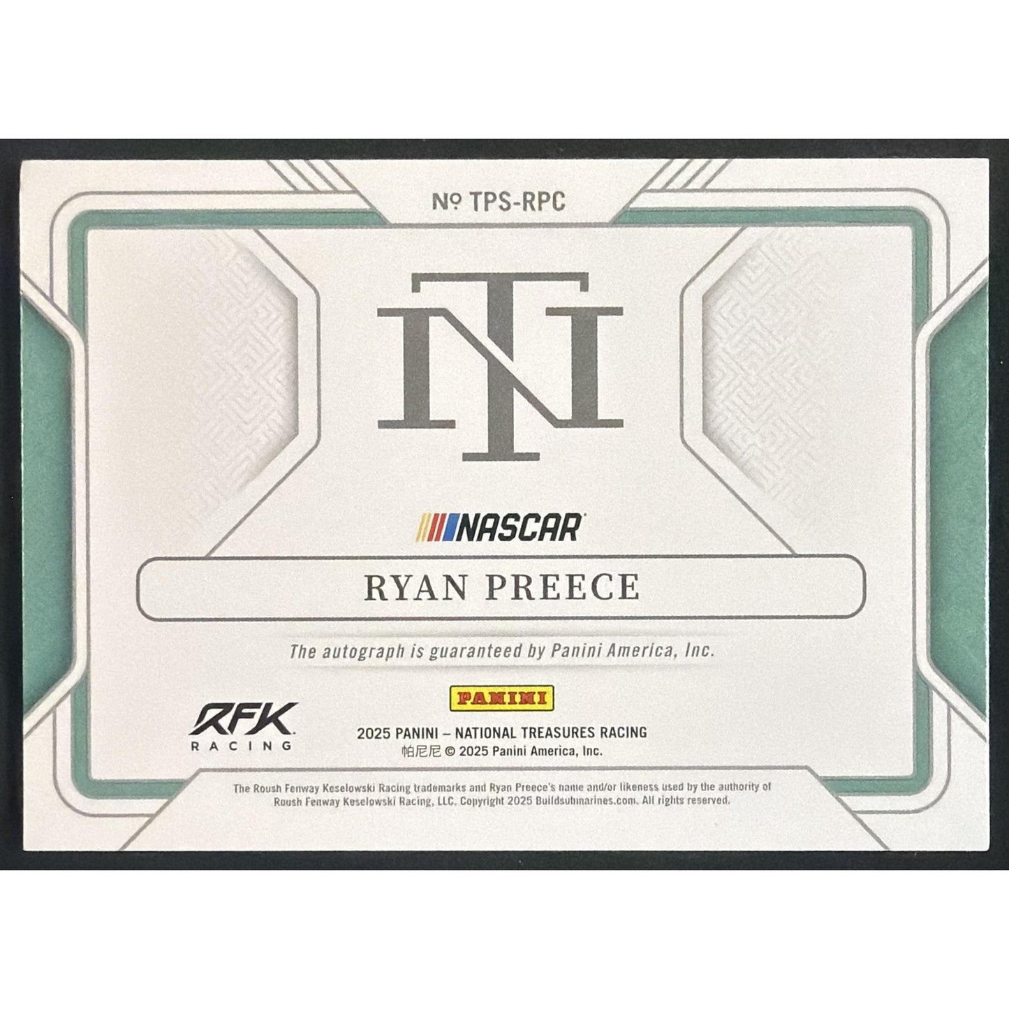 2025 Panini National Treasures Ryan Preece #19 Track Pass Signatures 93/99 Auto
