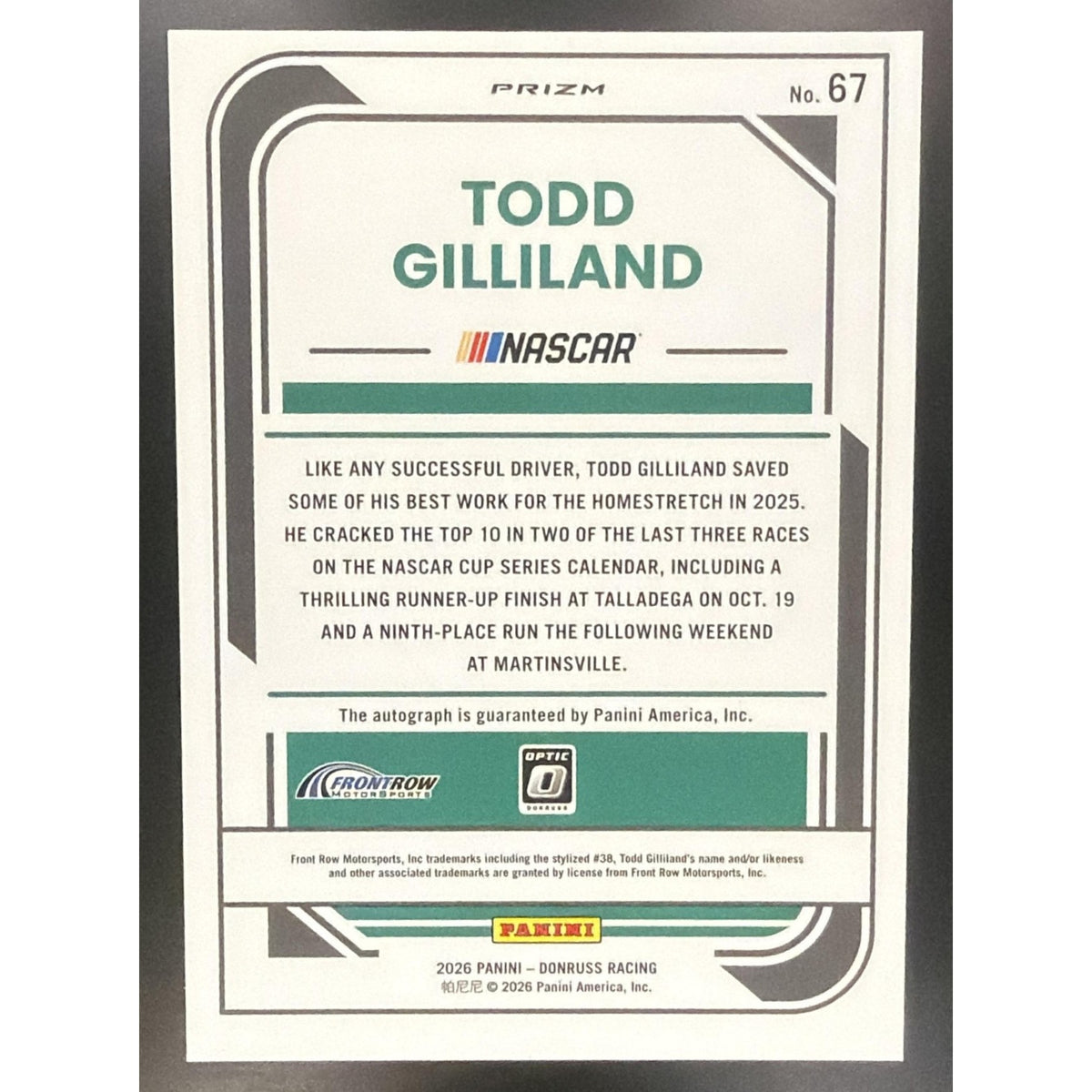 2026 Panini Donruss NASCAR Racing Todd Gilliland #67 Optic Signatures Auto