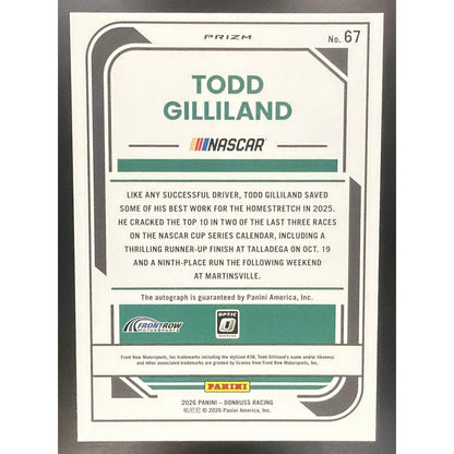2026 Panini Donruss NASCAR Racing Todd Gilliland #67 Optic Signatures Auto