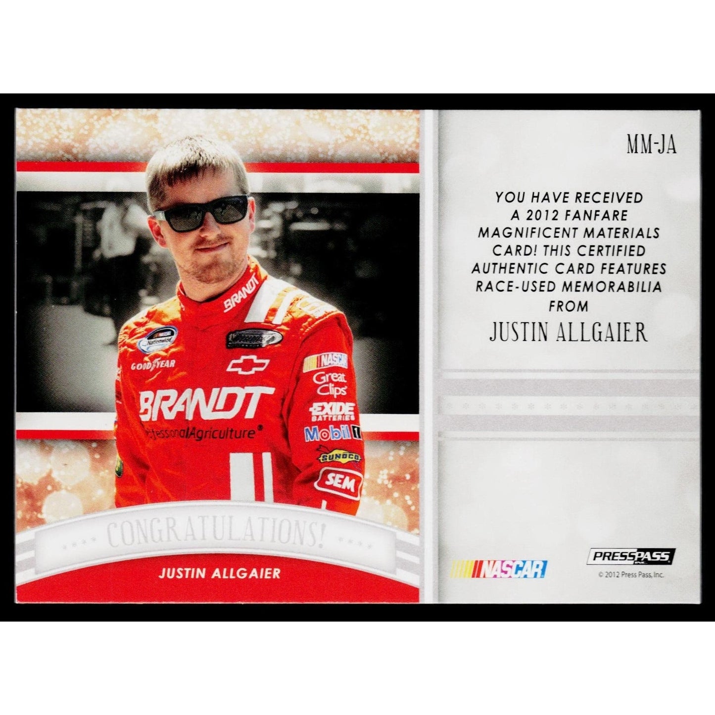 2012 Press Pass Fanfare Justin Allgaier Magnificent Materials Silver #/250