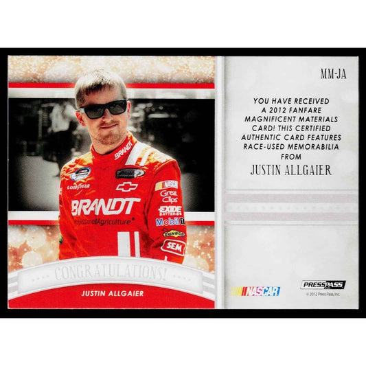 2012 Press Pass Fanfare Justin Allgaier Magnificent Materials Silver #/250
