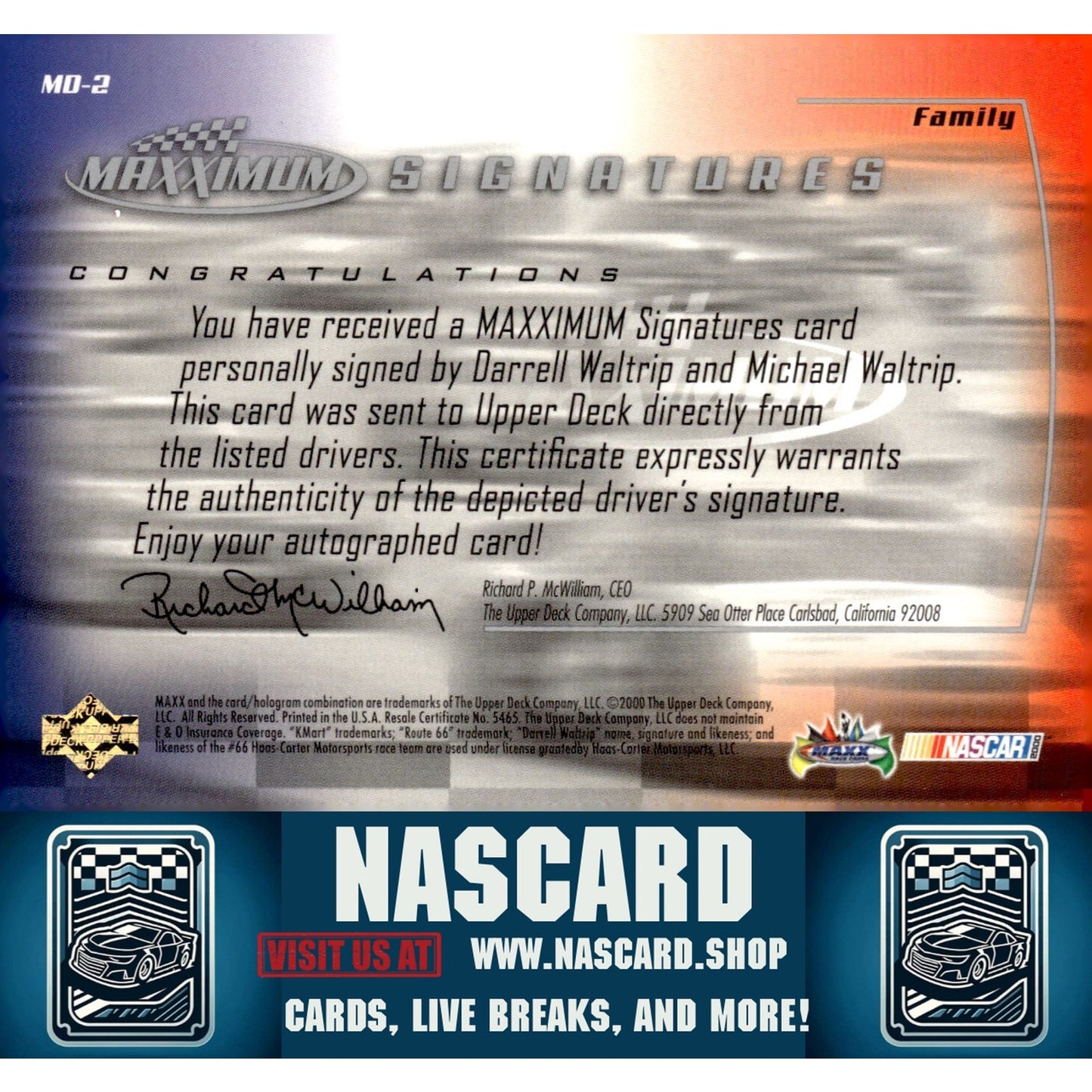 2000 Maxximum #MD-2 Matt Waltrip/Darrell Waltrip Signatures - Card Gorilla