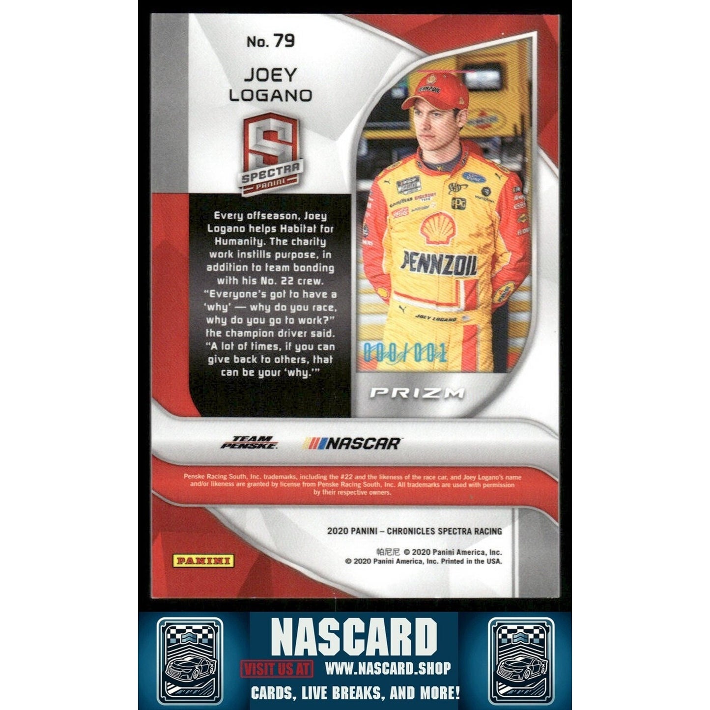 2020 Panini Chronicles Spectra #79 Joey Logano 1/1 Error Card - NASCARD.shop