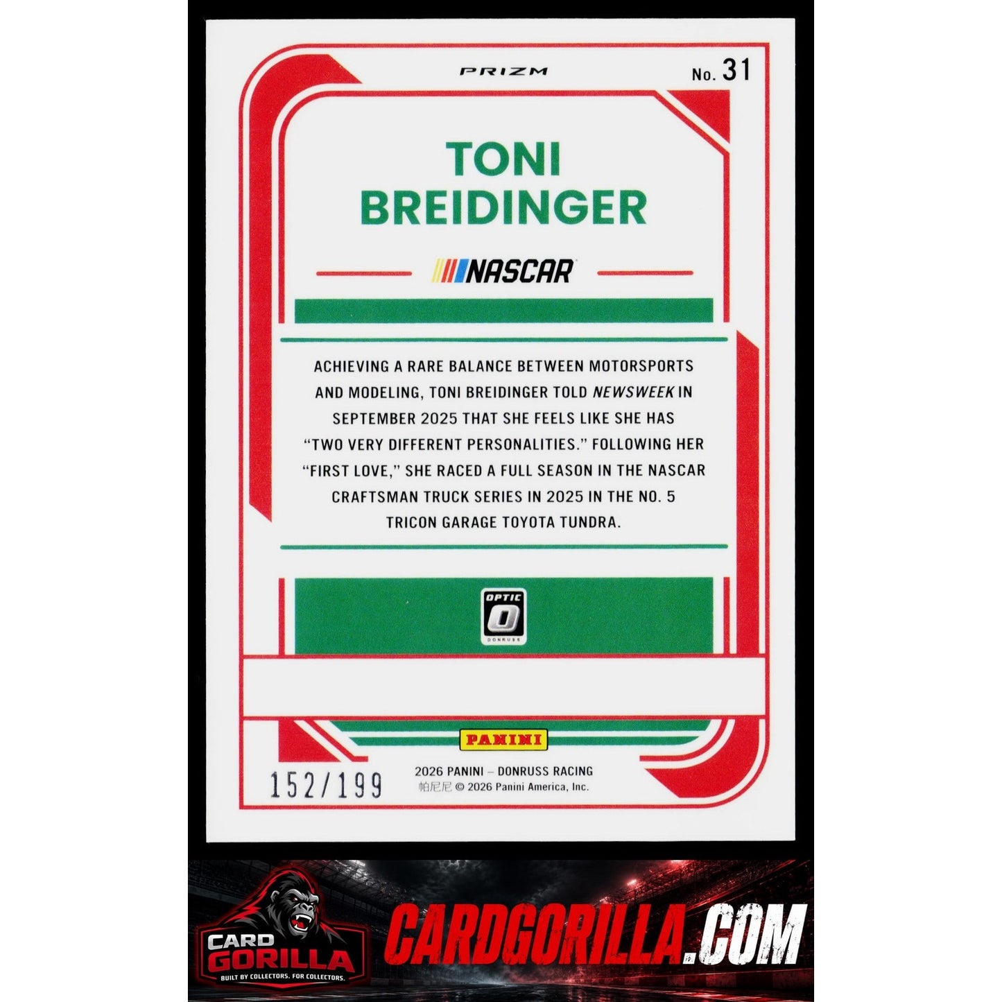 2026 Donruss #31 Toni Breidinger Optic Red Velocity