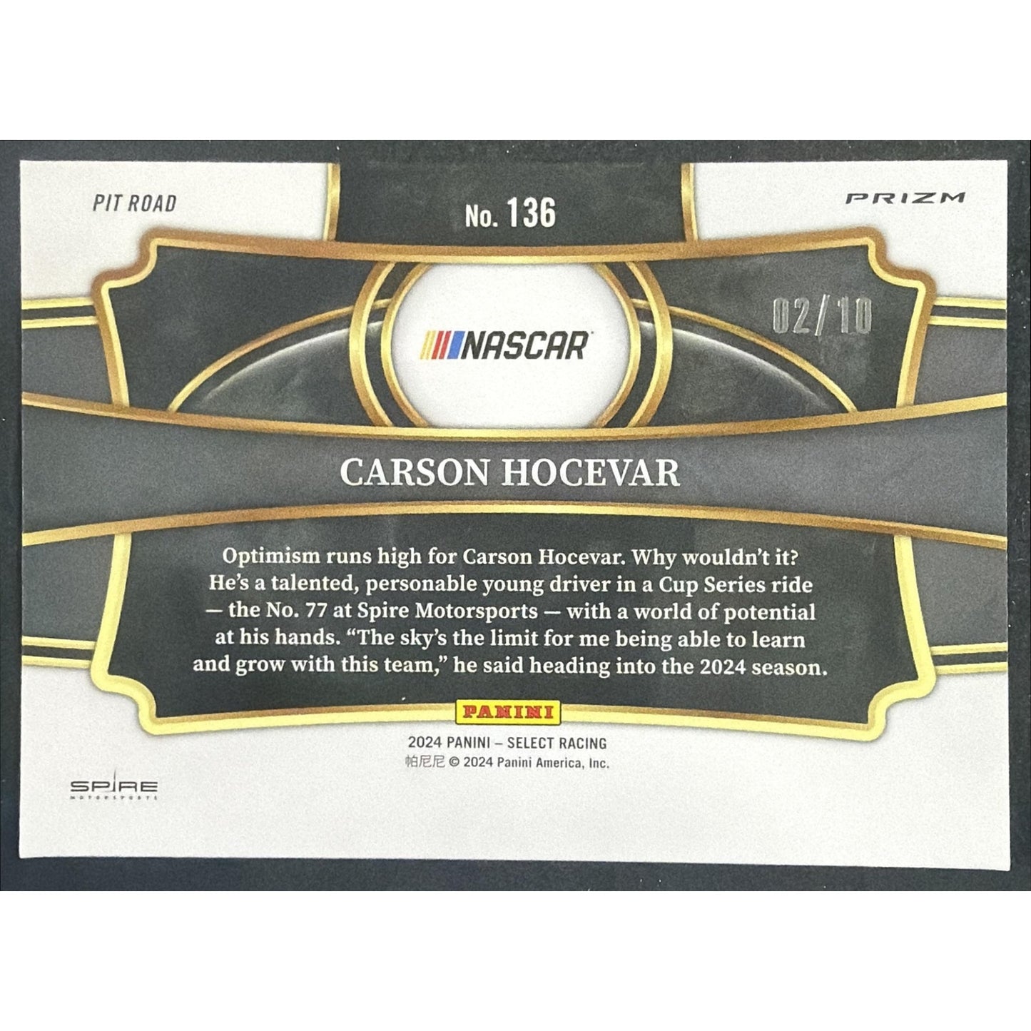2024 Panini Select Nascar Carson Hocevar #136 Gold Prizms /10