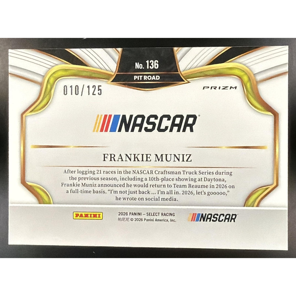 2026 Panini Select NASCAR Frankie Muniz #136 Set - Pit Road Maroon Prizms 10/125