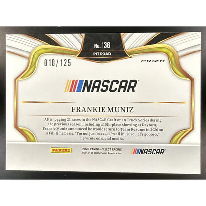 2026 Panini Select NASCAR Frankie Muniz #136 Set - Pit Road Maroon Prizms 10/125