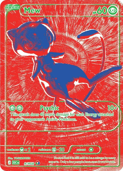 A stylized red and blue Pokémon trading card featuring Mew, with a red background, green borders, and printed card text and stats.
