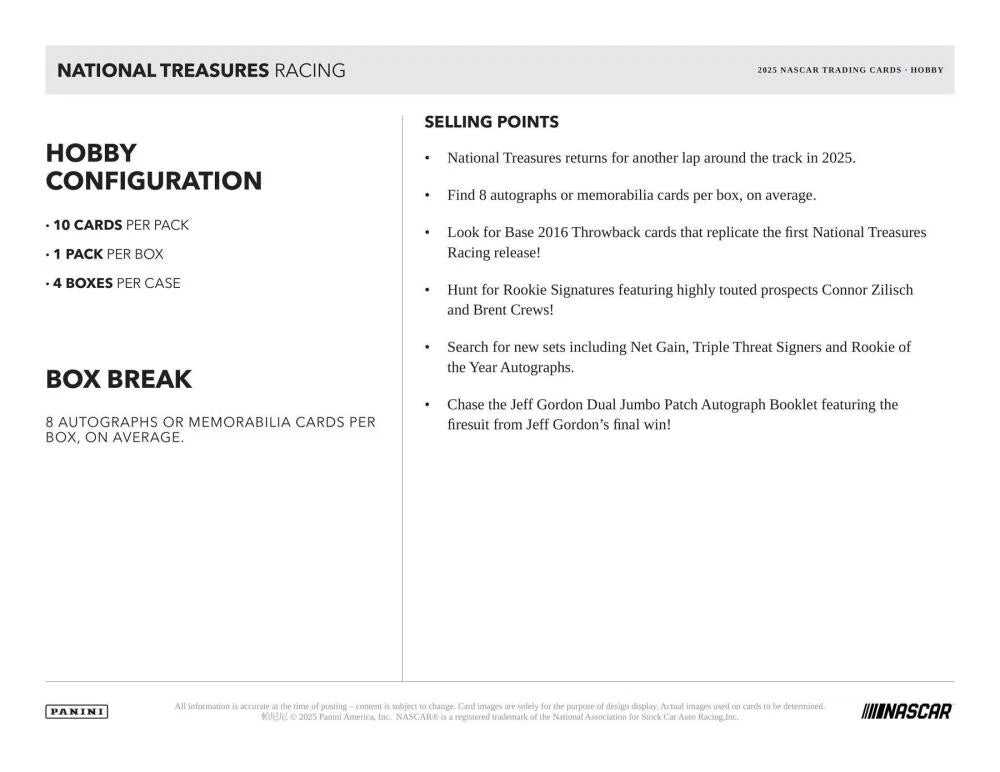 2025 National Treasures Racing Sealed Case - 4 Hobby Boxes