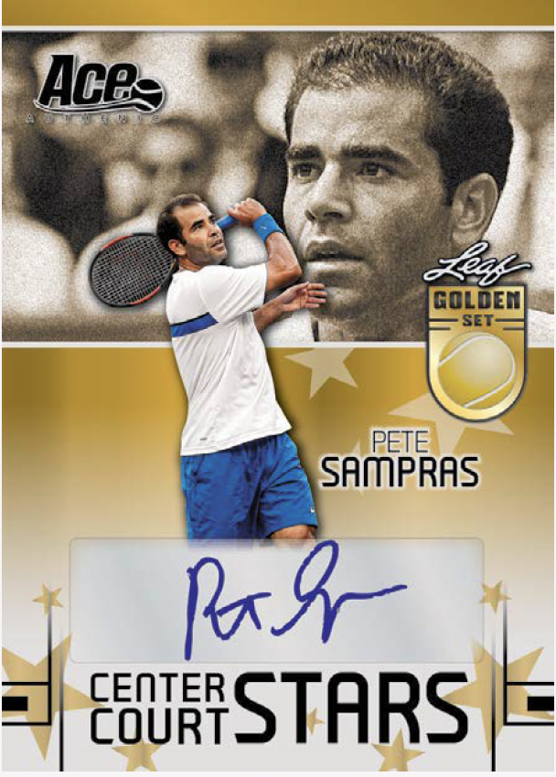 A collectible tennis trading card featuring Pete Sampras, with a large black-and-white portrait, a color action photo of Sampras holding a racket, gold gradient background, stars, and an autographed signature panel at the bottom. Visible text includes Ace Sports, Lesly Golden Set, and Pete Sampras.