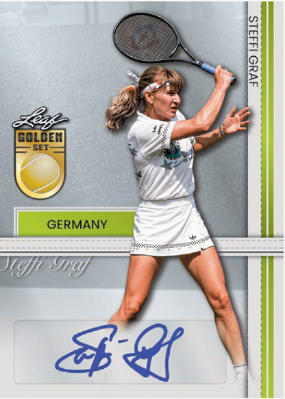 A collectible Leaf Golden Set trading card featuring Steffi Graf, Germany. The card shows a vintage action photo of Steffi Graf serving a tennis ball, with a green vertical stripe on the right, a gold 'Leaf Golden Set' logo on the left, and a blue autograph at the bottom.