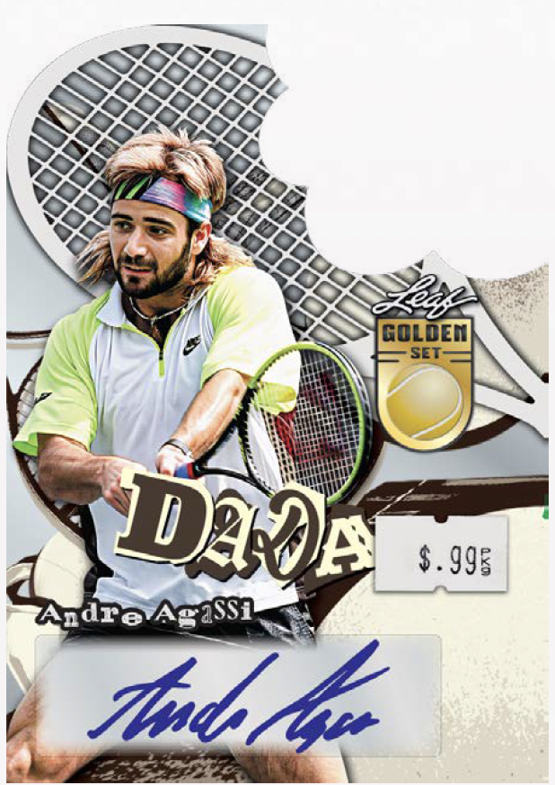 A collectible tennis trading card featuring Andre Agassi, with a large stylized banana-shaped graphic behind him, a 'Lady Golden Set' emblem, his name, and an autograph at the bottom.