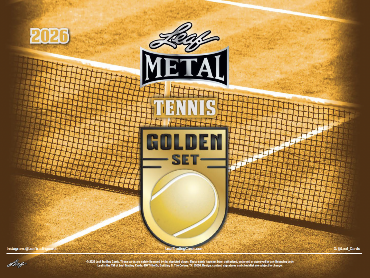 Leaf Metal Tennis Golden Set 2026 collectible card packaging featuring a tennis ball graphic over a golden tennis court background with the net.