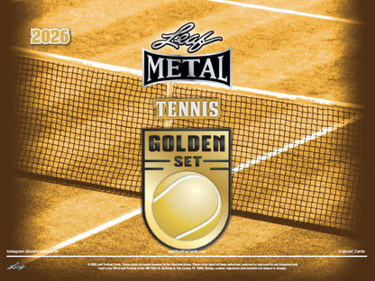 Leaf Metal Tennis Golden Set 2026 collectible card packaging featuring a tennis ball graphic over a golden tennis court background with the net.