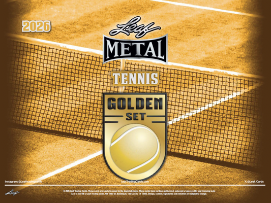 Leaf Metal Tennis Golden Set 2026 collectible card packaging featuring a tennis ball graphic over a golden tennis court background with the net.