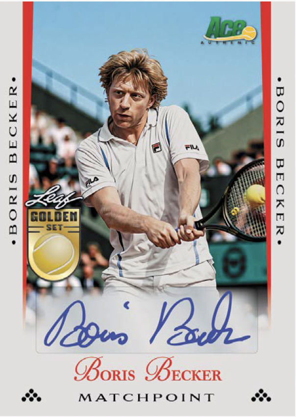 A collectible Boris Becker matchpoint trading card from Ace Authentic, featuring a photo of Becker in action on a tennis court, with his autographed signature in blue ink across the bottom.