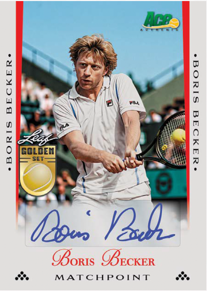A collectible Boris Becker matchpoint trading card from Ace Authentic, featuring a photo of Becker in action on a tennis court, with his autographed signature in blue ink across the bottom.