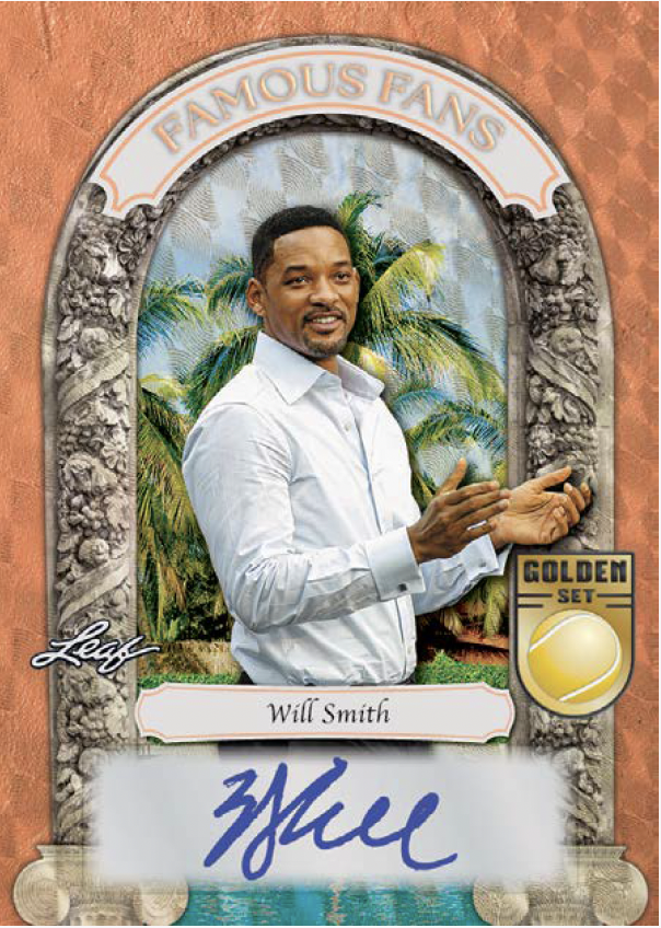 A collectible autographed trading card featuring Will Smith in a white shirt against a tropical palm tree background, framed by an ornate stone arch. The card includes the text 'FAMOUS FANS,' a 'Golden Set' emblem, a Leaf logo, and a blue autograph at the bottom.
