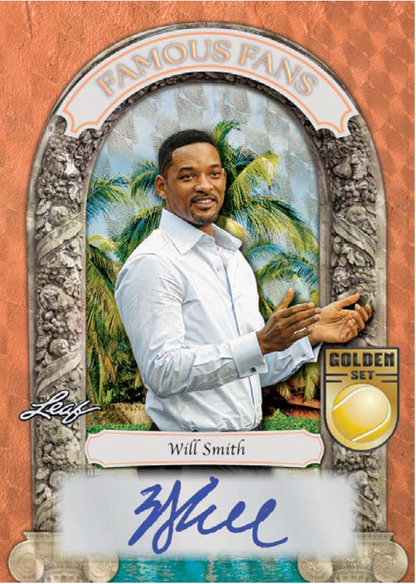 A collectible autographed trading card featuring Will Smith in a white shirt against a tropical palm tree background, framed by an ornate stone arch. The card includes the text 'FAMOUS FANS,' a 'Golden Set' emblem, a Leaf logo, and a blue autograph at the bottom.