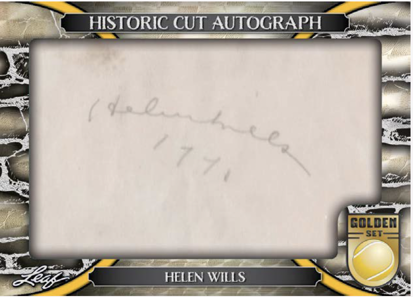 A framed presentation card showing a handwritten autograph on aged paper, with the text 'HISTORIC CUT AUTOGRAPH' at the top and 'HELEN WILLS' at the bottom. A 'GOLDEN SET' logo appears in the lower right corner.