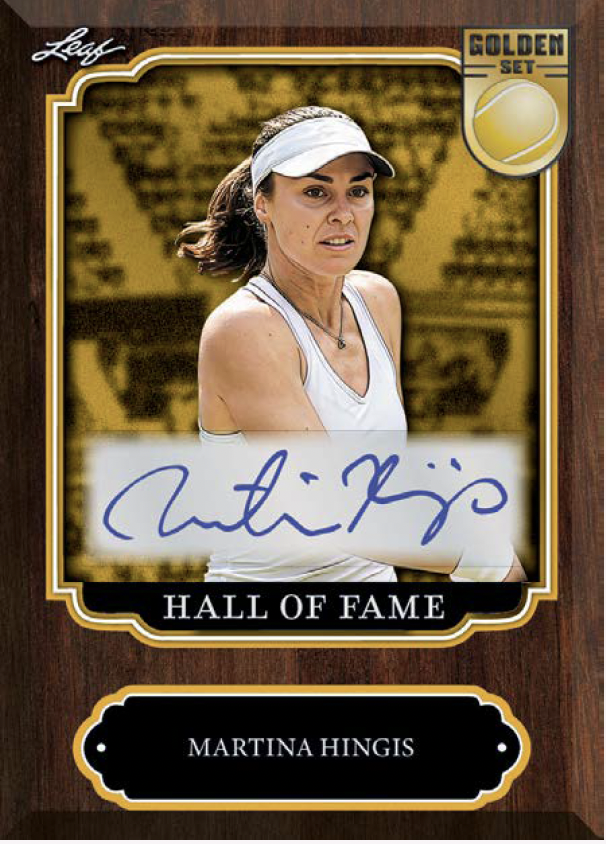 Martina Hingis autographed trading card from a Larry Foyr Golden Set Hall of Fame series, featuring a portrait of the tennis player on a gold-toned background with a dark wood frame.